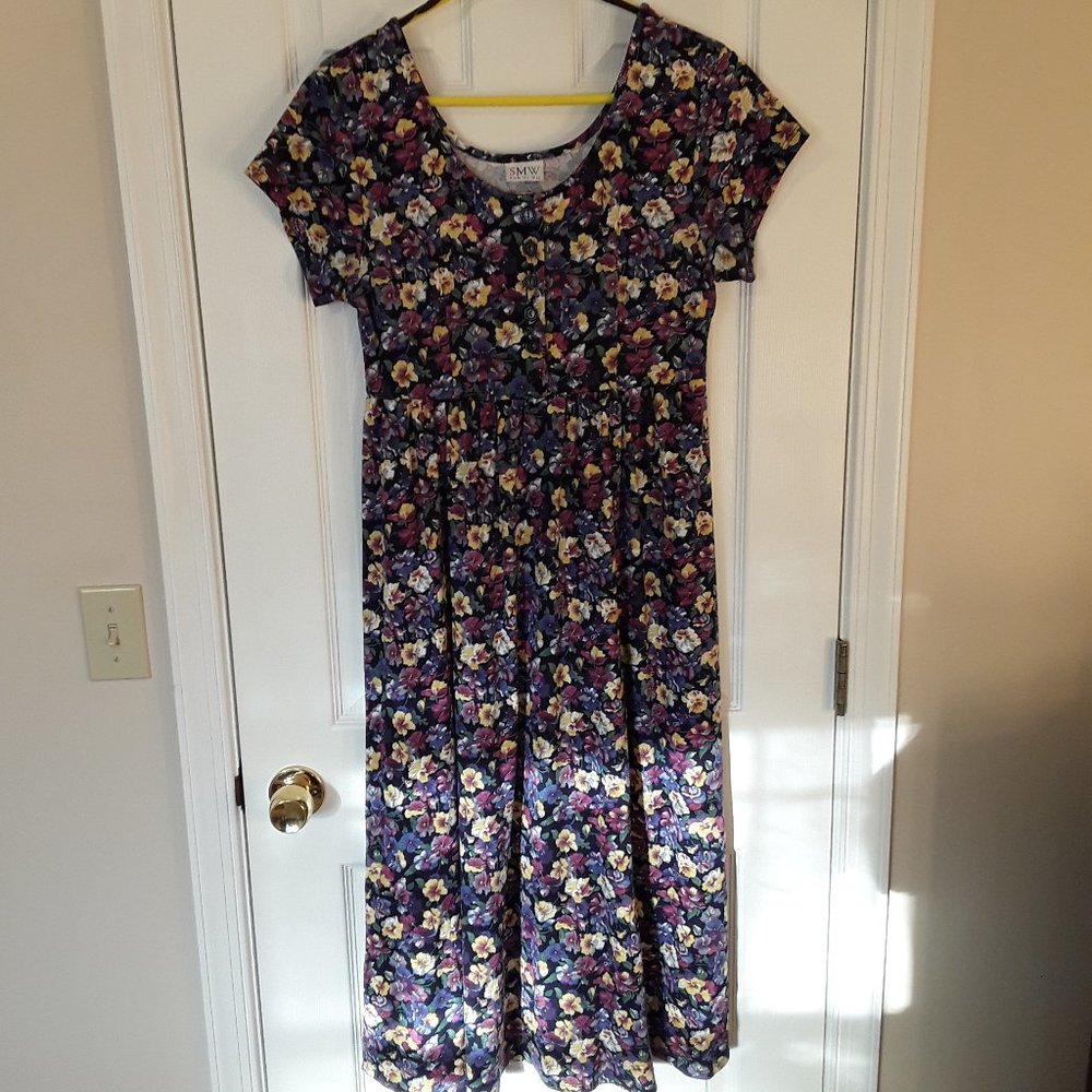 Style My Way vintage floral dress size L, 6 button front empire waist cap sleeve